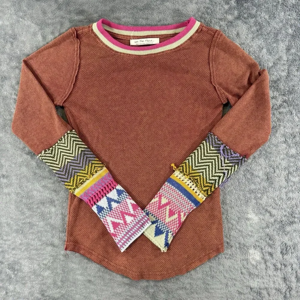 We The Free People Alpine Cuff Thermal Crewneck Top Waffle Knit Boho Small